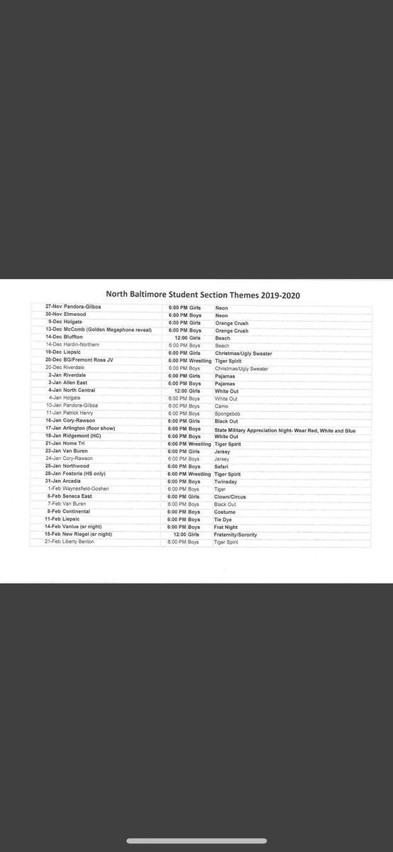 Here are the themes for all the basketball games!!! We want to see everyone participate and support the teams! Go tigers🧡🖤