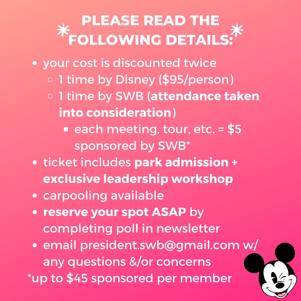 Don’t forget to RSVP for our Disney Leadership Event! If you have any questions or concerns, please email president.swb@gmail.com

#csulb #csulbswb #gobeach #societyofwomeninbusiness #swb #girlboss #strongwomen #girlpower #disneyleadership @Disneyland