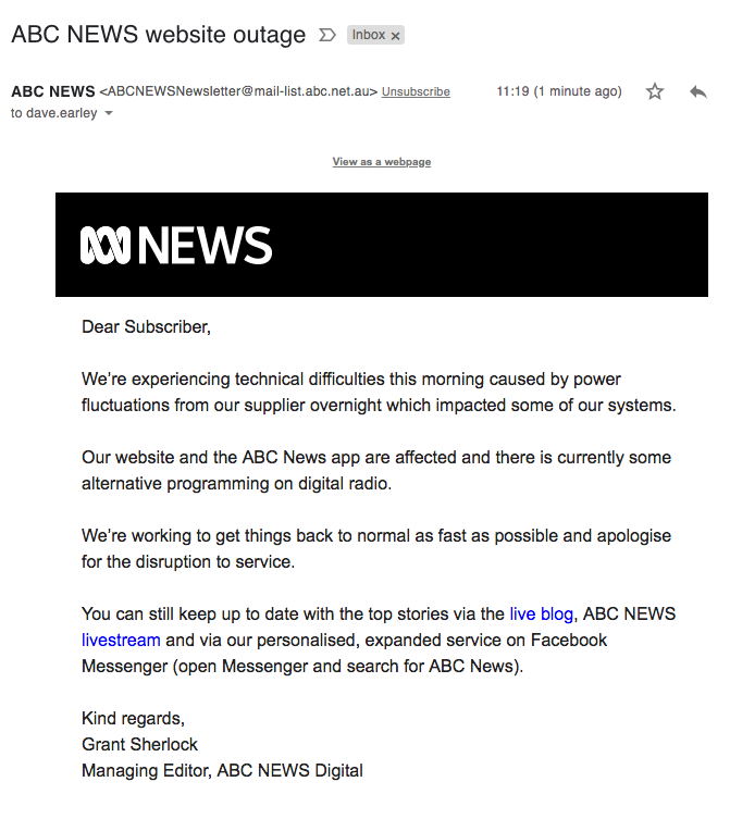 earleyedition's tweet photo. #ABCdown ABC just sent out this email about the #ABCoutage, directing to the 'live blog', which is just the https://t.co/0v9qEl2NHD homepage. The entire output of @abcnews right now is a live blog and I… kind of like it https://t.co/xmwK439SFS https://t.co/krGgVhX6gH