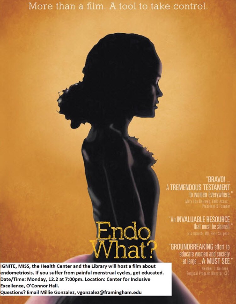 IGNITE_FSU's tweet image. We are so excited to be cohosting an amazing event which aligns with our semester initiative of improving women’s health. 

Monday, December 2 at 7:30pm in the CIE we are screening “Endo What?”  

@FraminghamU @VMillieGonzalez  @FSUHealthCenter