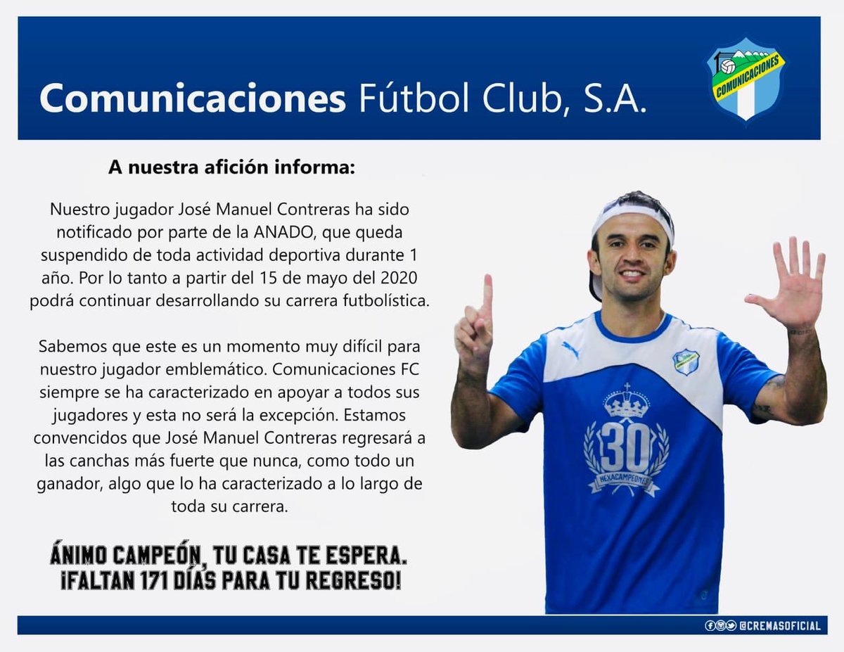 MarPadillaGT's tweet photo. José Manuel Contreras #Moyo estará suspendido hasta el 15 de mayo del 2020, según confirmó #Comunicaciones y la Agencia Nacional Antidopaje #Anado ¿Qué opinan aficionados? https://t.co/OkinGYRoMp