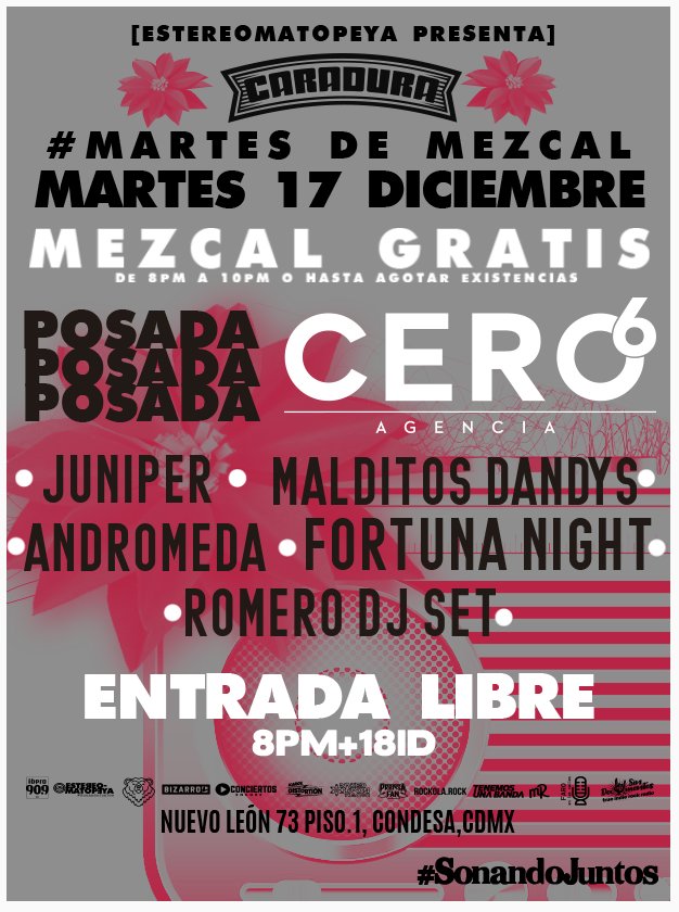 Ya se armó la peda este 17 de diciembre en el <a href="/caraduramx/">Caradura</a>, último evento del año con @Andromeda_mx <a href="/MalditosDandys/">Malditos Dandys</a> <a href="/FortunaNightMx/">Fortuna Night</a> y <a href="/El_Romer0/">David Romero</a> DJ set 🔥🤯 #PosadaCERO6 <a href="/CERO6Agencia/">CERO 6 Agencia</a> RT