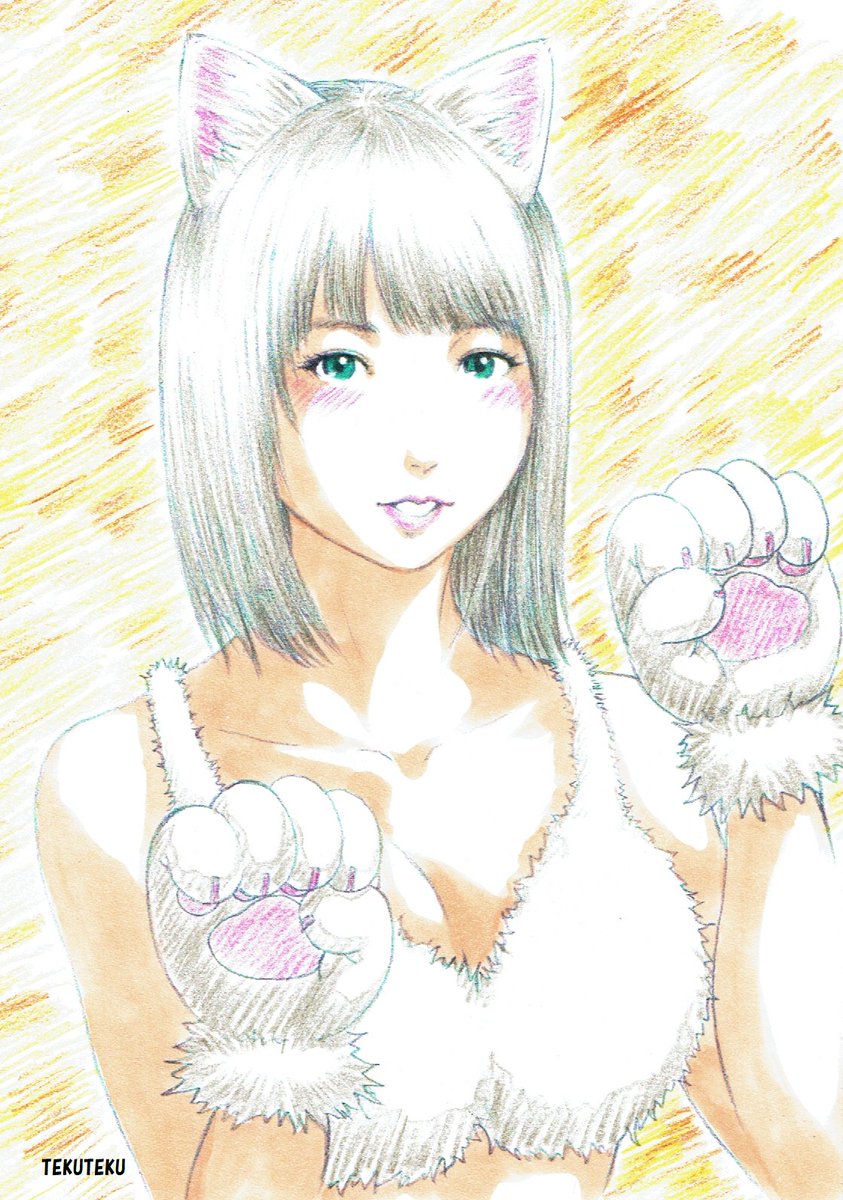 Tekuteku Pa Twitter 猫耳女子 白猫 にゃん コピック 色鉛筆 Illustration オリジナルイラスト イラスト好きな人と繋がりたい