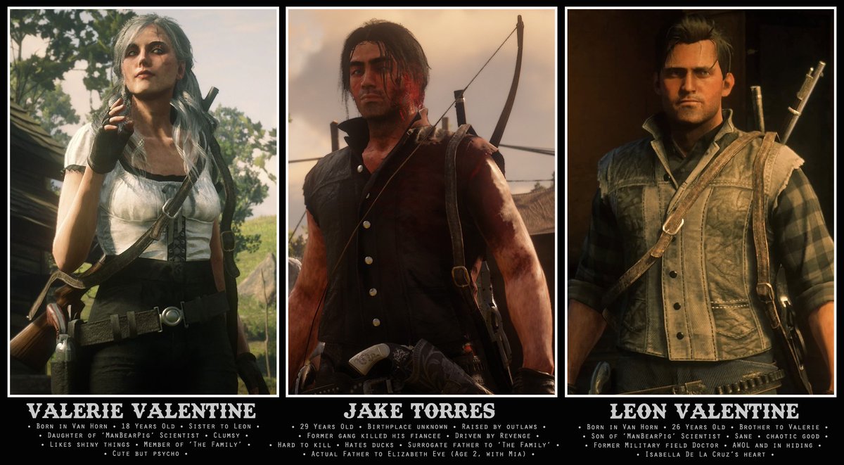 JakeTorres1800's tweet photo. My Three Miscreants. (Updated Nov 27th)

Meet Jake, Valerie and Leon!

#RedDeadOnline #RDR2Online #CreativityYey! https://t.co/o4CYF37fyO