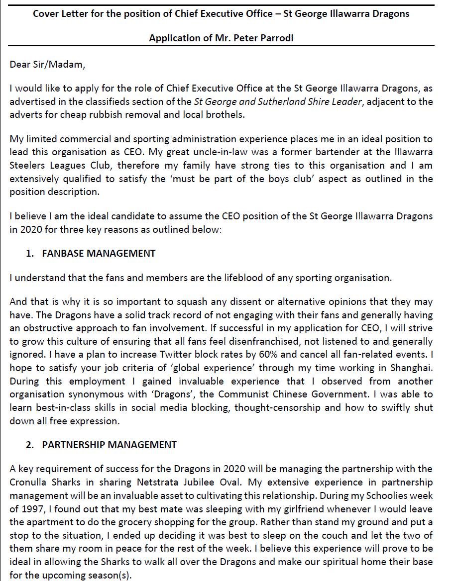 ParrodiPeter's tweet photo. @NRL_Dragons Please accept my application to the advertised job of CEO for the St George Illawarra Dragons. My cover letter is attached: #redv https://t.co/qs1bt8I30E