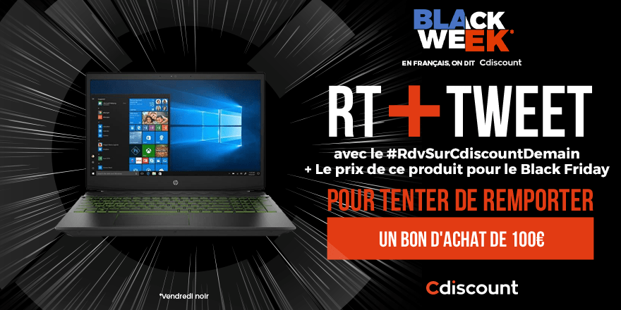 Cdiscount's tweet photo. 🎁 #Concours

Le prix de ce PC HP Pavillon Gaming baissera pour le Black Friday ! Saurez-vous trouver son prix :https://t.co/3KCLWtyB9b

⚡️Pour tenter de remporter un bon de 100€ :
🔸 RT ce tweet
🔸 TWEET avec #RdvSurCdiscountDemain + votre estimation

⏰ TAS le 28/11 https://t.co/QuVuvRBIWT