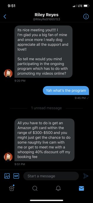 Hey guys so this person is pretending to be @RileyReyXXX  this is an example of them trying to trick<a class="tags" target="_blank" title="On Twitter" href="/?out=eyJ0eXAiOiJKV1QiLCJhbGciOiJIUzUxMiJ9.eyJpYXQiOjE3MjA1NTY0NTYsImlzcyI6InR3cG9ybnN0YXJzLmNvbSIsIm5iZiI6MTcyMDU1NjQ1NiwiZXhwIjoxNzUyMDkyNDU2LCJyZWRpcmVjdF91cmwiOiJodHRwczovL3R3aXR0ZXIuY29tL1JpbGV5UmV5WFhYIn0.hV-4aaNNbqwWp-GVkHmAitrv71idYTnN8GIFQA89WdIV6k1HlEZ4PRdhQANtqBfbt-lF8VClGOdoBZLc0hupsg">@RileyReyXXX</a><a href="/tag/savage"class="tags"><span>#savage</span></a>