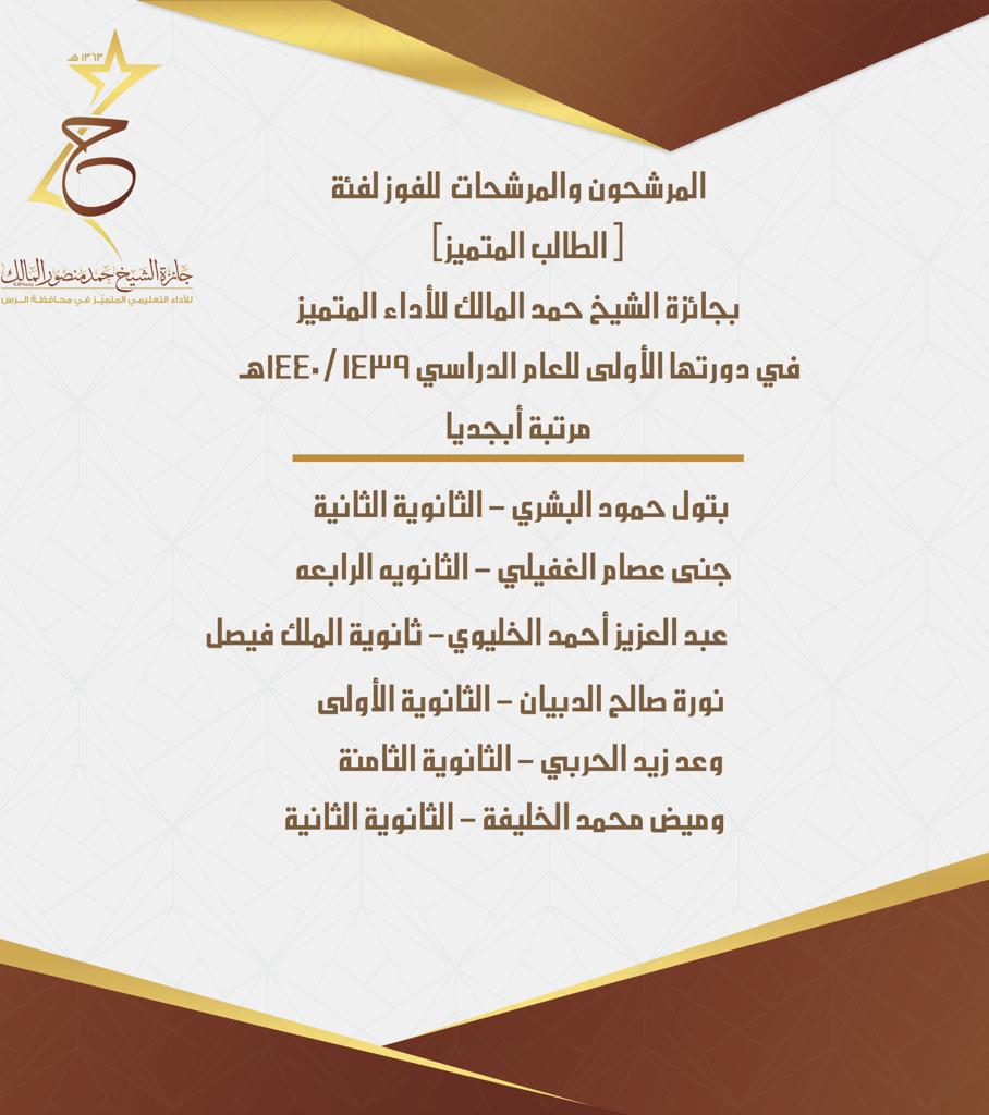 المرشحون والمرشحات للفوز في فئات
(الأمن الفكري _ الخدمات التعليمية _ الطالب المتميّز)
ب #جائزة_الشيخ_حمد_المالك للأداء المتميّز في دورتها الأولى ب #تعليم_الرس للعام الدراسي ١٤٤٠/١٤٣٩
فألف ألف مبروك . . .
_ الأسماء مرتبة أبجدياً _
#تواصل_الرس