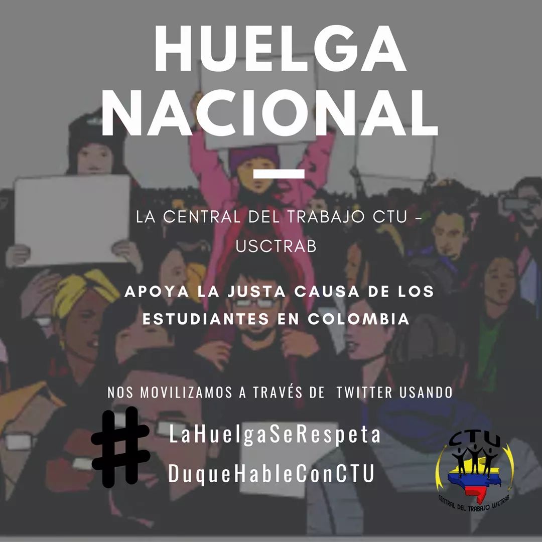 usctrab's tweet photo. La Huelga continúa por el respeto a los trabajadores y  trabajadoras, una verdadera transformación parte cuando se escucha todos los sectores.#DuqueHableCon @usctrab #LaHuelgaSeRespeta https://t.co/rEaDJ6HCWG