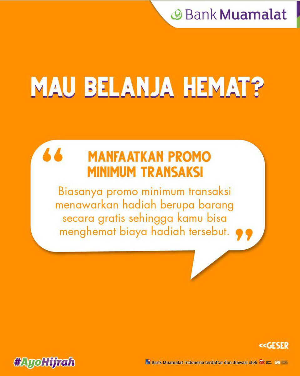 BankMuamalat's tweet photo. Assalamualaikum BMers!
Bagi kamu yang sering belanja, yuk simak tips berikut agar lebih hemat! Ada info belanja hemat juga lho! Semoga bermanfaat. #MuamalatTips #TipsMuamalat #TipsBelanjaHemat #PromoMuamalat #MuamalatPromo https://t.co/amZ7MvDaHM