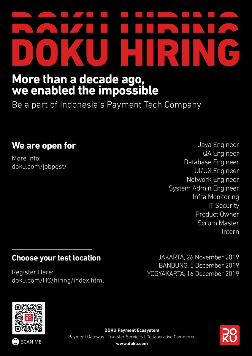 #DOKUHIRING. Be Part of Indonesia’s Payment Technology Company. Register Here: doku.com/HC/hiring/inde… #lowkerJakarta #lokerJogja #lowkerBandung