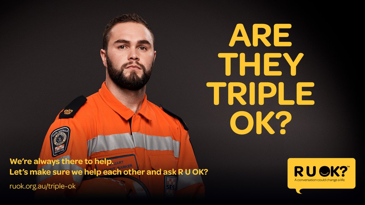 SA_SES's tweet photo. Today marks the launch of the @ruokday #AreTheyTripleOK campaign, which aims to increase peer and social support for police and emergency services workers across Australia.
We’re always there to help, so let’s make sure we help each other and ask R U OK?
https://t.co/HgSoq0j6bR https://t.co/8QLMxibjkj