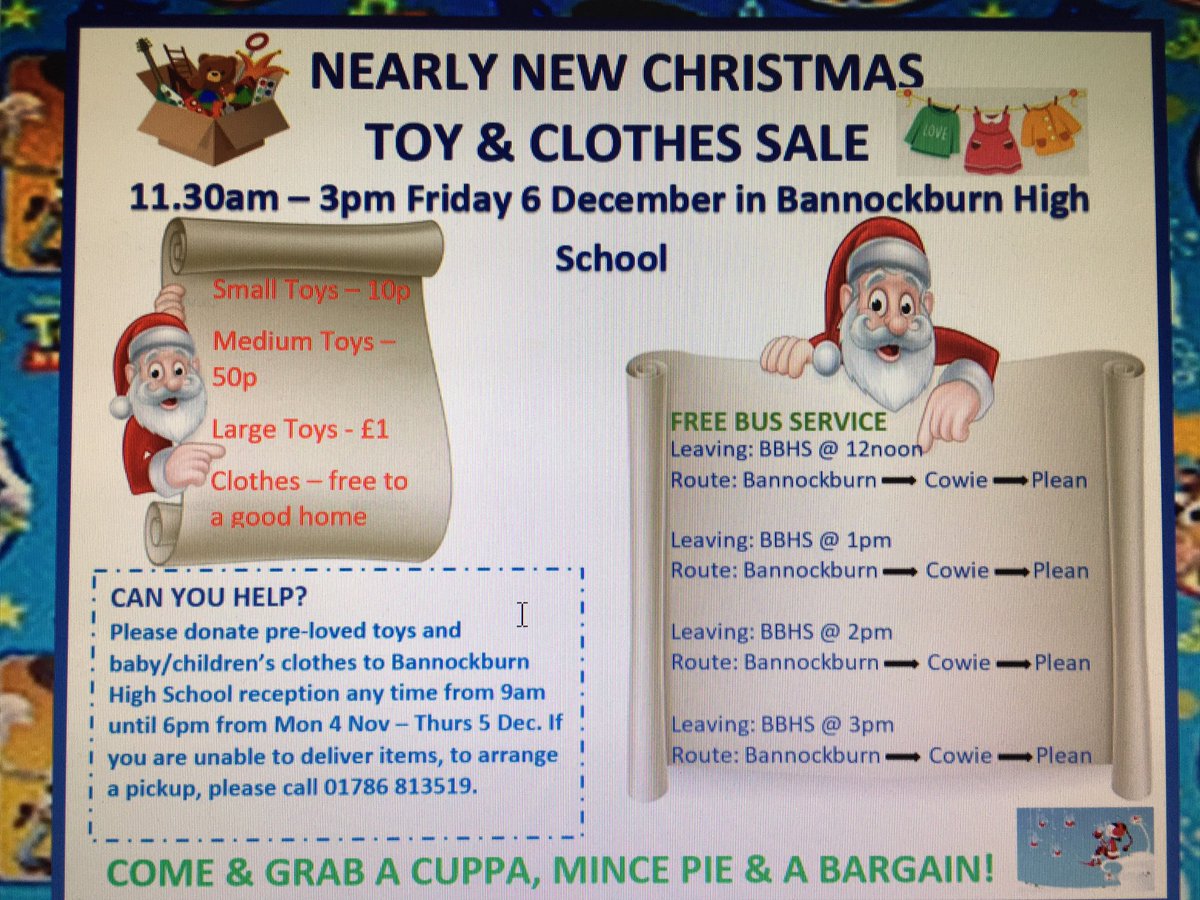 Just over a week to go. Can you donate any nearly new toys (all ages)?  Do you know any local families this event may help at such a costly time of year?
@BannockburnHigh
@bbhs_eco
<a href="/BannockburnRrc/">BannockburnHighRRC</a>