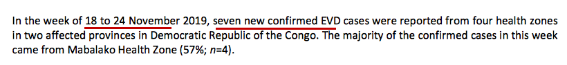 3. Third number: 7, the total  #Ebola cases in the past week. This is heartbreaking. The outbreak is finally, finally being wrestled to the ground. But the violence at Beni could threaten the hard-won progress. After being cleared for a second? third? time, Ebola is back in Beni