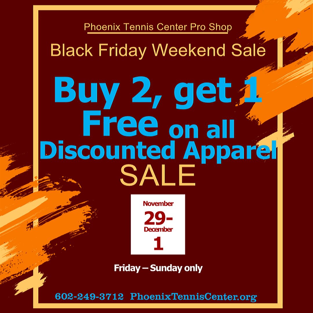 PhoenixTennis's tweet photo. PTC Pro Shop is having a huge Black Friday Weekend Sale! Don't miss out.  #PhoenixTennisCenter #BlackFridaySale #TennisGear https://t.co/nZTGJ5V47H