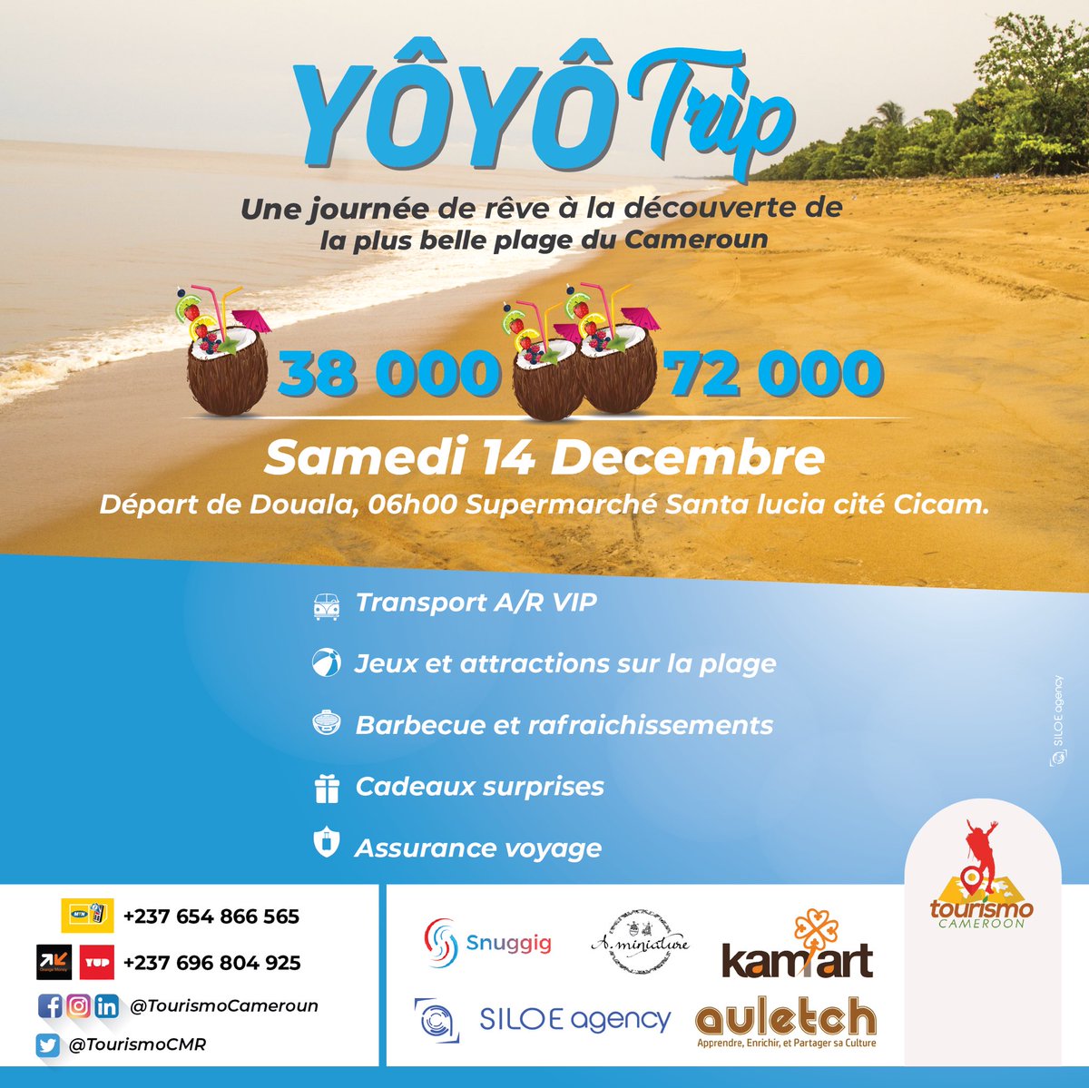 TourismoCMR's tweet photo. #YôyôTrip
A la découverte de la plus belle plage 🏖 du 237. 
Date : 14 Déc 
Lieu : Village Malimba 
Départ : Douala 06h - Parking Supermarché Santa Lucia Cité Cicam.
38 000 F / personne 
72 000 F / couple 
Infos et réservations : 696804925 / 654 86 65 65 @Snuggig_  @auletch https://t.co/C2Lmrdkwgd