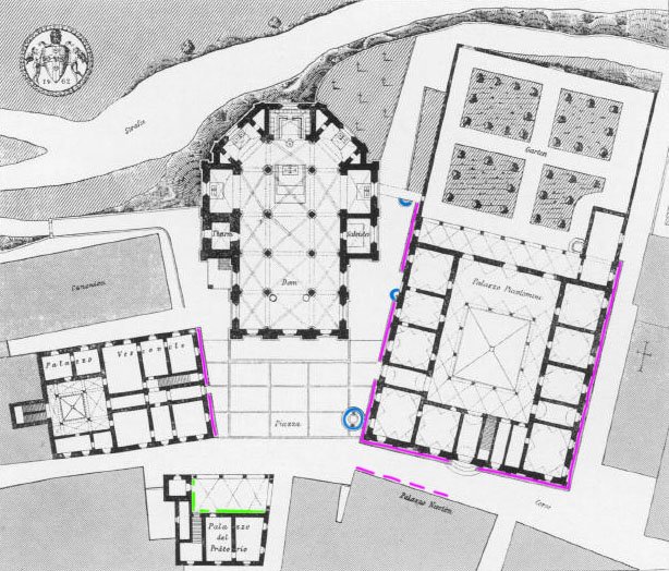 Here is a map of the piazza infrastructure: the purple is outdoor permanent benches, green is indoor permanent benches, and the blue stands for water features, a well and two water cisterns.