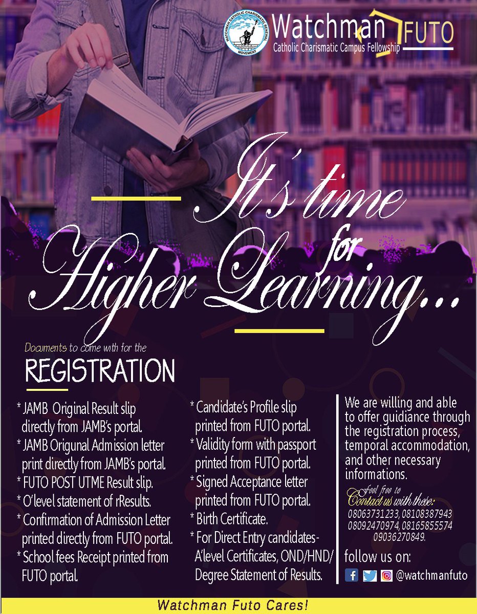 watchmanfuto's tweet photo. FROM #FUTO

Based on the commencement of our beautiful #FRESHERS registration in #FUTO .

We offer guidance, temporal accommodation and other necessary informations.

Feel free to contact us via : 

📞0806 373 1233

📞0809 247 0974

📞0810 838 7943

📞0816 585 5574 https://t.co/crhFpdDqnq