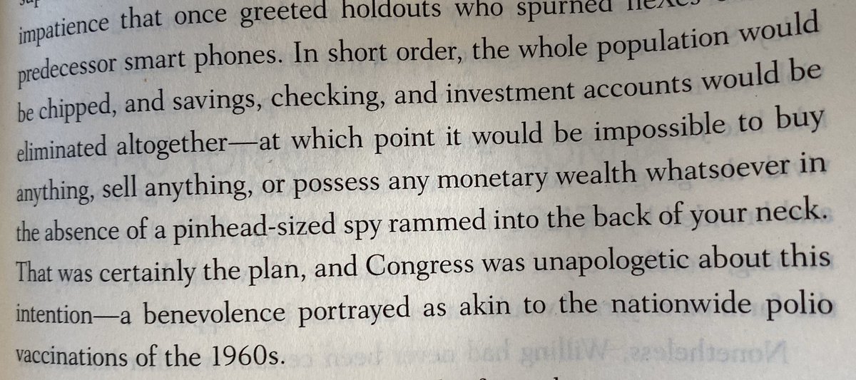 4/ The book is a few years old but it’s predictions seem scarily close to being plausible. For example, eventually the US government “chips” everyone with a constantly surveilled neck implant which acts as your credit card. The ultimate trade off between convenience and privacy.