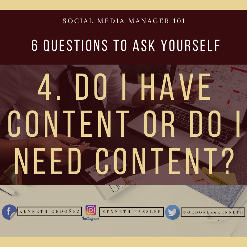 4. Do I Have Content or Do I Need Content?
 One way to do social media is to be completely hands off and let a social media agency do all of the work for you, which can even include creating the content to share.
 If you have your own content to share, I’m not saying it’s a d ...