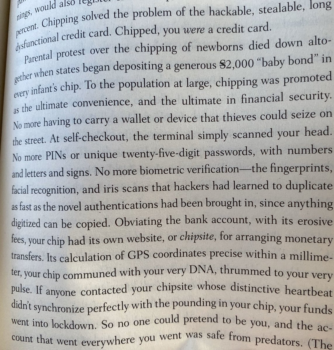 6/ How long until this happens in China?“Chipping was promoted as the ultimate convenience, and the ultimate in financial security. No more having to carry a wallet or device that thieves could steal on the street. At self-checkout, the terminal simply scanned your head.”