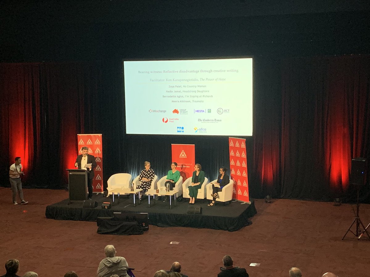 YWCACanberra's tweet photo. Last session for the afternoon chaired by @Kon__K on ‘reflective disadvantage through creative writing’. We’re hearing from four women writers who are sharing passages from their work including @zoyajpatel @meeraatkinson #acossconf2019 https://t.co/AN1tOfYHZT