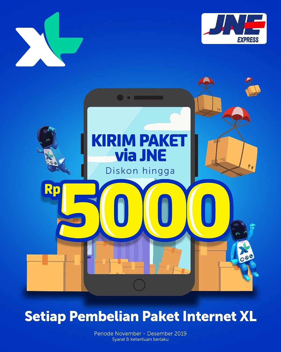 Promo kirim paket via JNE disc Rp.5000 untuk pembelian paket Xtracombo &amp; axis paket data, di seluruh store JNE, periode 25 nov - 25 Des 2019
