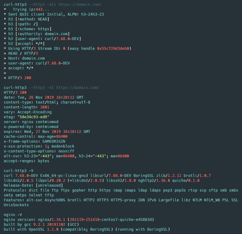 centminmod's tweet photo. Nginx build on CentOS 7 with Nginx HTTP/3 patch (h3-24) via Cloudflare Quiche https://t.co/e3YH1PUWfE 😎 Thanks @SimmerVigor & Alessandro Ghedini 👍😍 #nginx #http3 #http2 #https #boringssl #quiche #cloudflare #devops #sysadmin #linux #webperf #perfmatters #security #centos https://t.co/EzFLeI0yA3