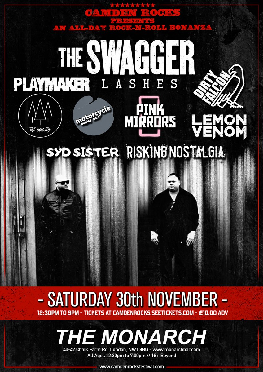 Camden Rocks Fest (@camdenrocksfest) on Twitter photo 📢 This Saturday in London 📢 #CamdenRocks presents an all-day rock-n-roll bonanza feat. @TheSwaggerMusic @PlaymakerBand @LashesMusic <a href="/DirtyFalcon/">Dirty Falcon</a> @TheGrovesUK @MotoDisplayTeam @RiskingNostalgia & more live at @CamdenMonarch on Sat 30th. Tickets 👉 facebook.com/events/1005716… 📢 This Saturday in London 📢 #CamdenRocks presents an all-day rock-n-roll bonanza feat. @TheSwaggerMusic @PlaymakerBand @LashesMusic <a href="/DirtyFalcon/">Dirty Falcon</a> @TheGrovesUK @MotoDisplayTeam @RiskingNostalgia & more live at @CamdenMonarch on Sat 30th. Tickets 👉 facebook.com/events/1005716…