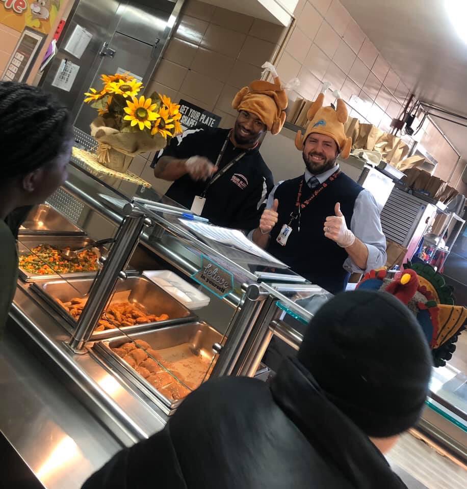 AndersonMcGrath's tweet photo. Mr. Mitchell and Mr. Cooper put on their festive hats and served lunch today! Our grateful students couldn’t wait to gobble their food up! Remember that Wednesday is a half day with dismissal at 12:17pm. We hope everybody has a safe Holiday weekend! 🦃 #gratitude #OPM @PosProject https://t.co/ZZXiFG8n47