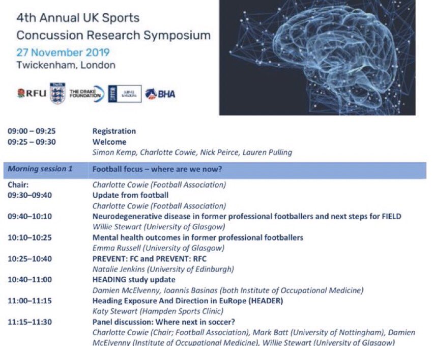 An interesting day ahead highlighting concussion in sport. @WillStewNeuro leading the way in football studies and reminding all that that more studies needed and to consider the benefits of football alongside current headlines. #UKSCRS19 #FIELD study.