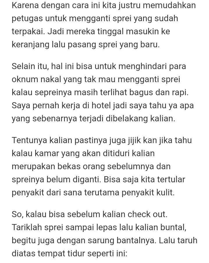 Imbauan untuk berantakkan seprai kasur hotel sebelum check out