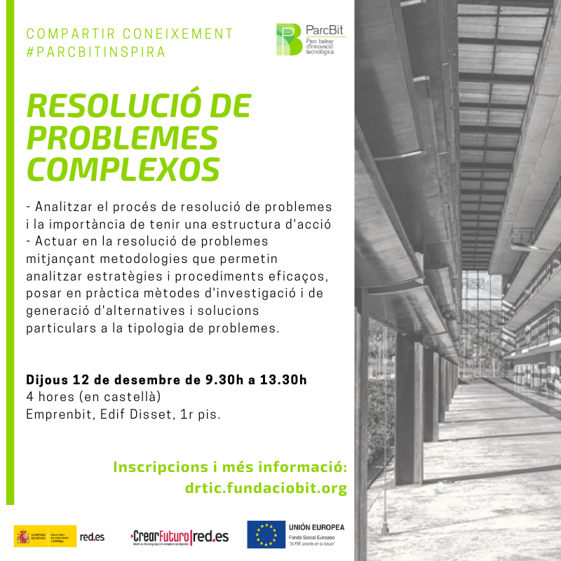 DivulgantTIC's tweet photo. Apuntau!12/12 #ParcbitInspira: Curs de Resolució de problemes complexos amb @PsicologiaAAB @redpuntoes @crearfuturo_ Com actuar en la resolució de problemes mitjançant metodologies que permetin analitzar estratègies i procediments eficaços #heurística https://t.co/fZqJwAeP9o https://t.co/Lk10BBKePi