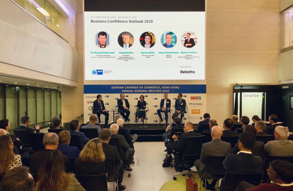 GICGCCHongKong's tweet photo. Happening Now: Full House at the GCC AGM Panel Discussion on the #Business #Confidence Outlook 2020 with @BelinKarena @whub_io, #GCCHK President Björn Lindner, #GICHK Chief Representative @Niedermark42, Claus Schuermann @Deloitte, and Jörg Wuttke #EUCCC  President. https://t.co/umB9JZBkl4