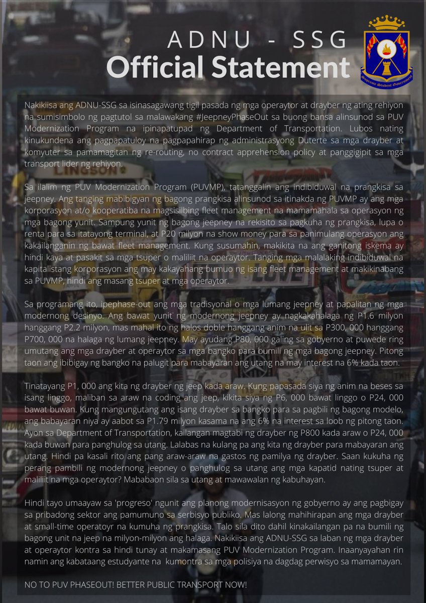 adnussgofficial's tweet photo. #AdKNOW 

Nakikiisa ang ADNU-SSG sa isinasagawang tigil pasada ng mga operaytor at drayber ng ng ating rehiyon na sumisimbolo ng pagtutol sa malawakang #JeepneyPhaseOut sa buong bansa alinsunod sa PUV Modernization Program.

Basahin ang buong statement: https://t.co/nPZNyO0Myb. https://t.co/RZxDh2Vroe