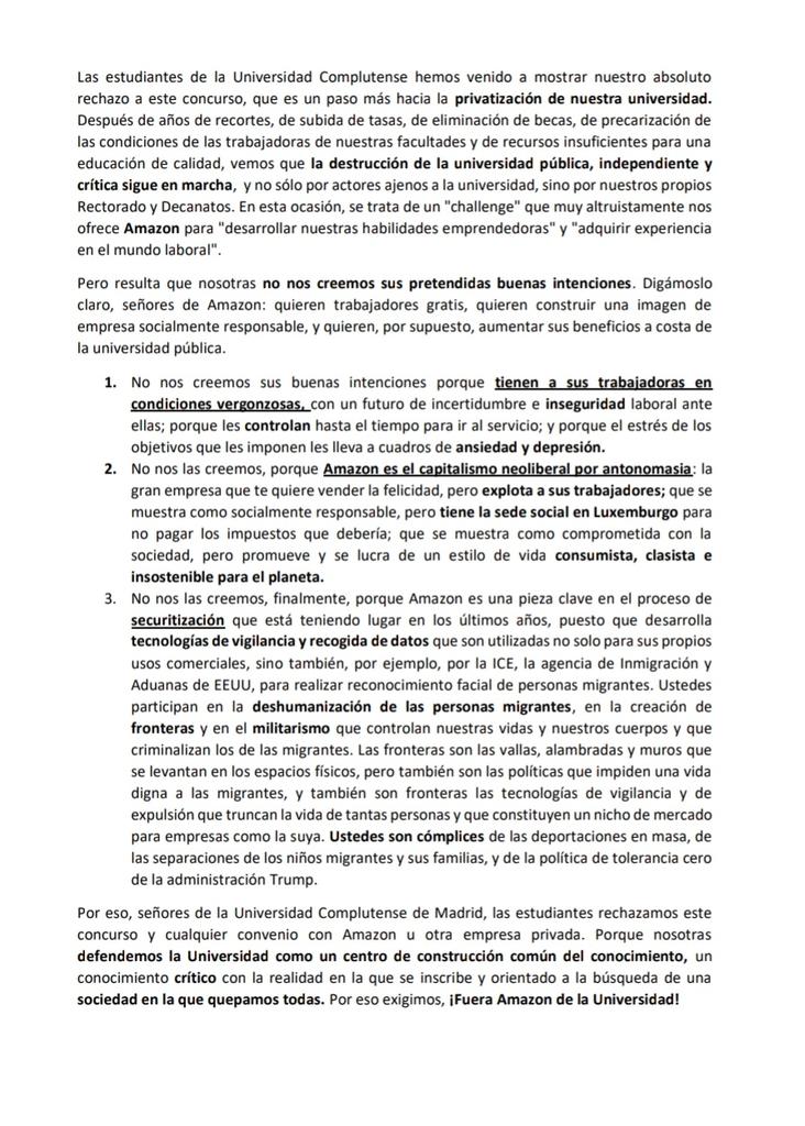 Hoy en la <a href="/CyT_UCM/">ComercioyTurismo_UCM</a> ha tenido lugar una charla de Amazon con la intención de iniciar un "challenge" buscando trabajadorxs gratis y la ruptura de una universidad de carácter crítico, un espacio donde construimos conocimiento. #fueraamazonucm #BoicotAmazon <a href="/AmazonEnLucha/">AmazonEnLucha #BoicotAmazon</a>