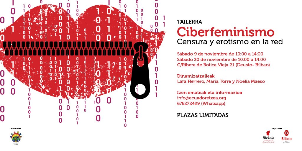 EcuadorEtxea's tweet photo. 📢¡ÚLTIMAS PLAZAS! Tailerra: #Ciberfeminismo. #Censura y #erotismo en la red” con @n_maeso y @arseroticas 
🗓Sábado 30 de noviembre de 10:00 a 14:00 
📍C/Ribera de Botica Vieja 21 #Bilbao 
📝Inscripción: https://t.co/C7UT9zEOS8
✉️+Info: info@ecuadoretxea.org / 676272429(Whatsapp) https://t.co/Ugtb69jafw