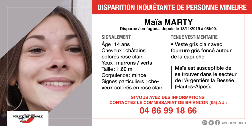 PoliceNat05's tweet photo. [#DisparitionInquietante] Maïa a disparu sur la commune de Briançon (Hautes-Alpes) depuis le 18 novembre 2019. Si vous l'avez aperçue ou toutes autres informations la concernant, contactez le commissariat de Briançon ou composez le 17. https://t.co/kbSZrQOtEb