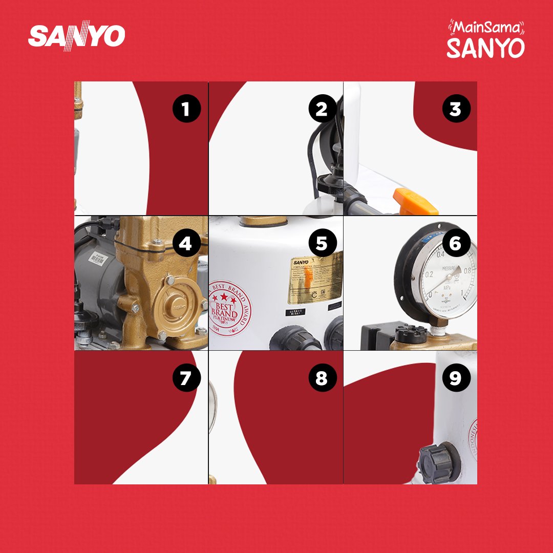 sanyo_indonesia's tweet photo. Ikutan yuk #MainSamaSanyo dengan menyusun gambar ini.
Susun potongan gambar pompa di atas sesuai angka agar menjadi gambar yang pompa Sanyo yang utuh dan sebutkan type pompa Sanyo apa yang ada digambar. Swipe untuk melihat gambar utuhnya ya teman Sanyo. https://t.co/Kd5Yp9xLmi