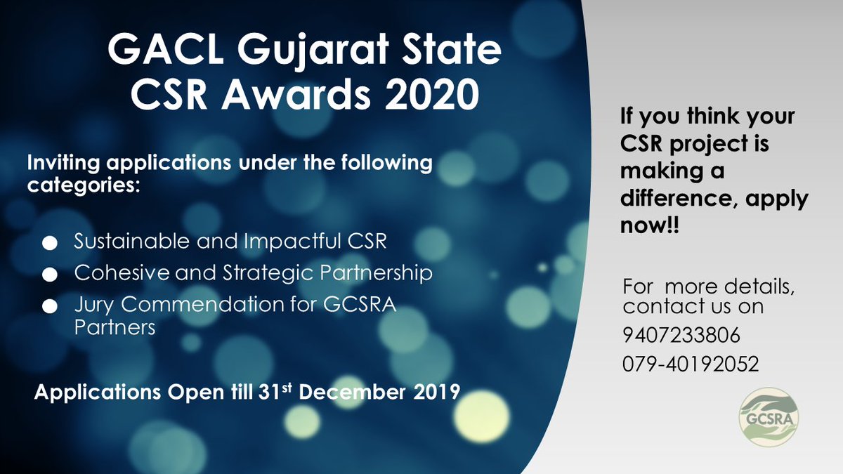 gcsra's tweet photo. Be a part of one-of-its kind CSR awards. Apply for the GACL Gujarat State CSR Awards 2020 now.

Last date to apply: 31st Dec 2019

For more information visit https://t.co/SY50yQdQMu

#gcsra #impact #csr #awards #corporatesocialresponsibility #gujarat #sustainabledevelopment #SDG https://t.co/LrbvWg1HXB