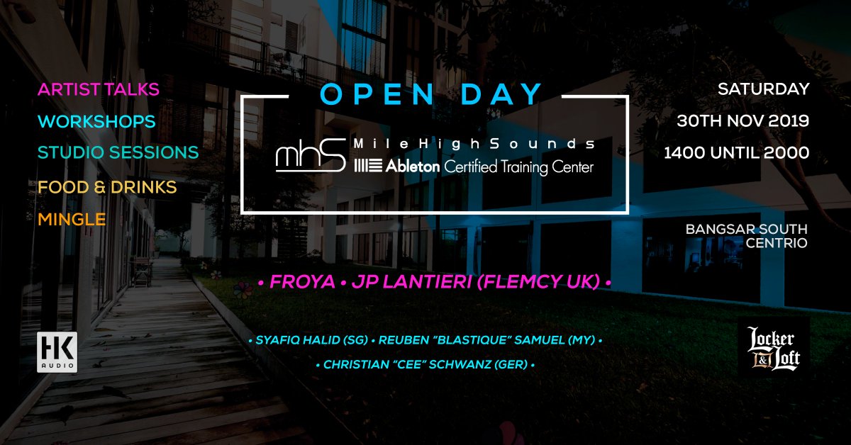 Join us for our #openday on Saturday, 30th November 2019 for artist talks, Live Link jam sessions, demonstrations on sampling &amp; recording arts, production techniques by Ableton Certified Trainers and giveaways! #Ableton #Sonarworks #HeinekenMY #HKAudio

mhs.io/openday3
