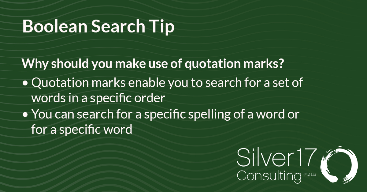 JenvanRiet's tweet image. Why should you make use of quotation marks?
• Quotation marks enable you to search for a set of words in a specific order
• You can search for a specific spelling of a word or for a specific word
Try it! Let us know what you think!
#Boolean #BooleanSearch #Sourcing