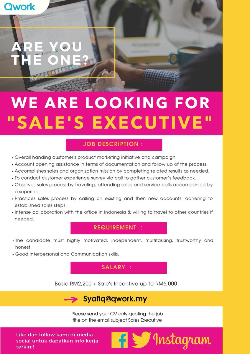 QworkMy's tweet photo. Hi! We're looking for an experienced sales executive. If you fit the description, send your Cv to Syafiq@qwork.my
All the best! ππ #Perantiskerja #malaysiakerja #kerjakosong https://t.co/W2umCuKiIL