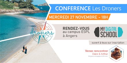 MDSAngers's tweet photo. C'est aujourd'hui que nous accueillons les #droners sur notre campus. Nous avons hâte de découvrir et de vous faire partager leur histoire. Nous parlerons voyage, marketing influence, bloging. https://t.co/nE9Zvc8hzb https://t.co/7j0mg7N6DU