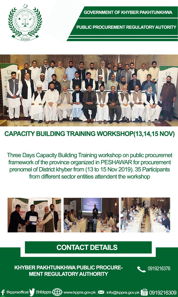 InfoKppra's tweet photo. Three Days Capacity Building Training workshop on Public Procurement Framework of Province Organized in Peshawar For procurement personnel of District Khyber from 13 to 15Nov. 35 No of participants from different public Sector entities attended the workshop. https://t.co/GncGJg9Np9