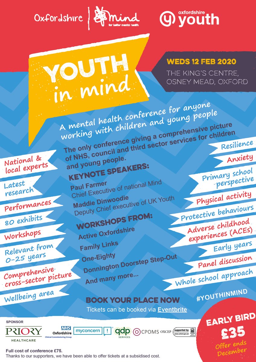 OxonMHWB's tweet photo. Don't forget that early bird tickets are only on sale until 6th December.  Great CPD for teachers in Oxfordshire:
#youthinmind2020
@PoptimisticO
@OxYouth @OxfordshireMind @OxTweets https://t.co/cgVxlRGHS3