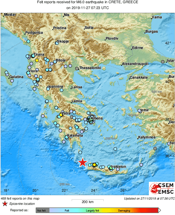 M6.0 #earthquake (#σεισμός) strikes 179 km W of #Irákleion (#Greece) 14 min ago. Updated map of its effects:
