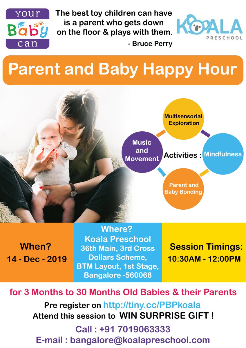 yourbabycan_in's tweet image. Join with us Fun-filled activities for you and your baby focusing on different developmental domains on 14-Dec-19 at Koala Preschool, BTM 1st Stage, Bangalore.
Please share with parents of 0-3-year-olds.
Register at tiny.cc/PBPkoala Call 7019063333
#mothertoddlerprogram