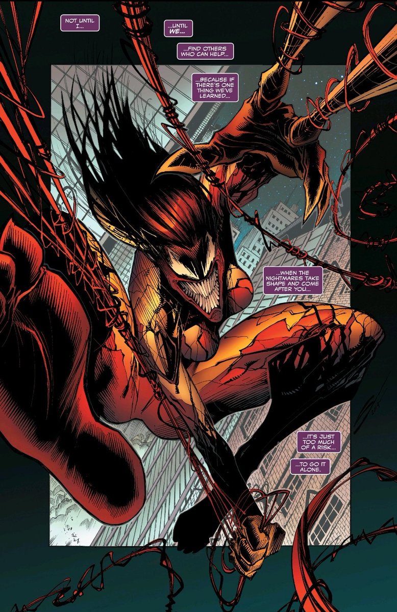 Fighting off Carnage's influence, Patricia engages him in battle. Despite her best efforts, Patricia dies protecting Andi.The symbiote bonds with Andi just in time to save her life - transforming her into the new Scream!Andi/Scream manages to stall Carnage and flees the scene!