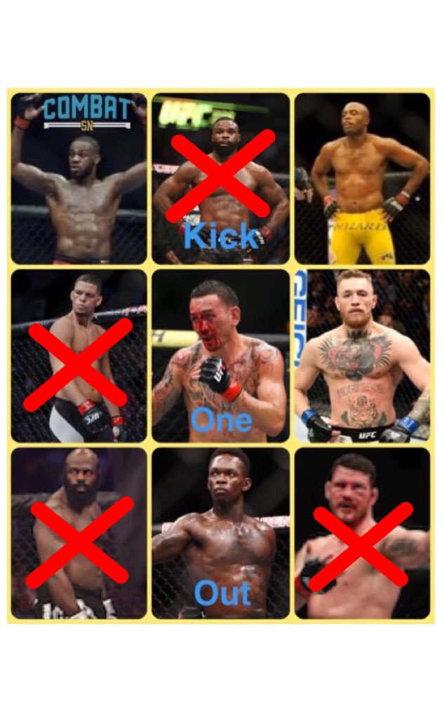 combat_sn's tweet image. 🚨🚨🚨🎮 Elimination game 🎮 🚨🚨🚨

🥊KICK ONE OUT🥊

Round 1: Kimbo Slice OUT❗️
Round 2: Woodley OUT❗️
Round 3: Diaz OUT❗️
Round 4: Bisping OUT❗️

Who are you eliminating next? 

Next round in 48 hours #mma #ufc #follow #retweet #comment